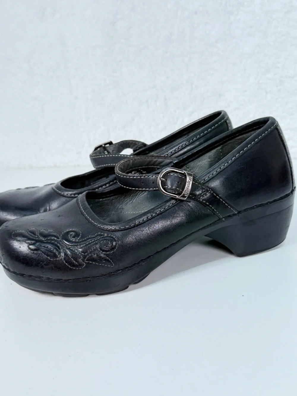 Dansko Black Leather Mary Jane Clogs Floral Comfort Shoes EU 39 size 8.5 - 9